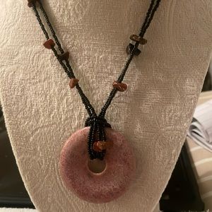 Donut Necklace - Black sea beads with Rhodochrosite large stone - EUC